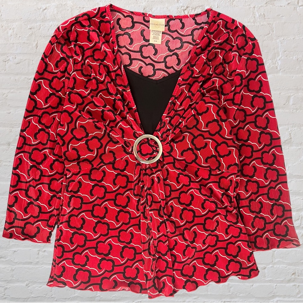 Covington Red and Black Patterned Blouse with Silver Hardware, Size M